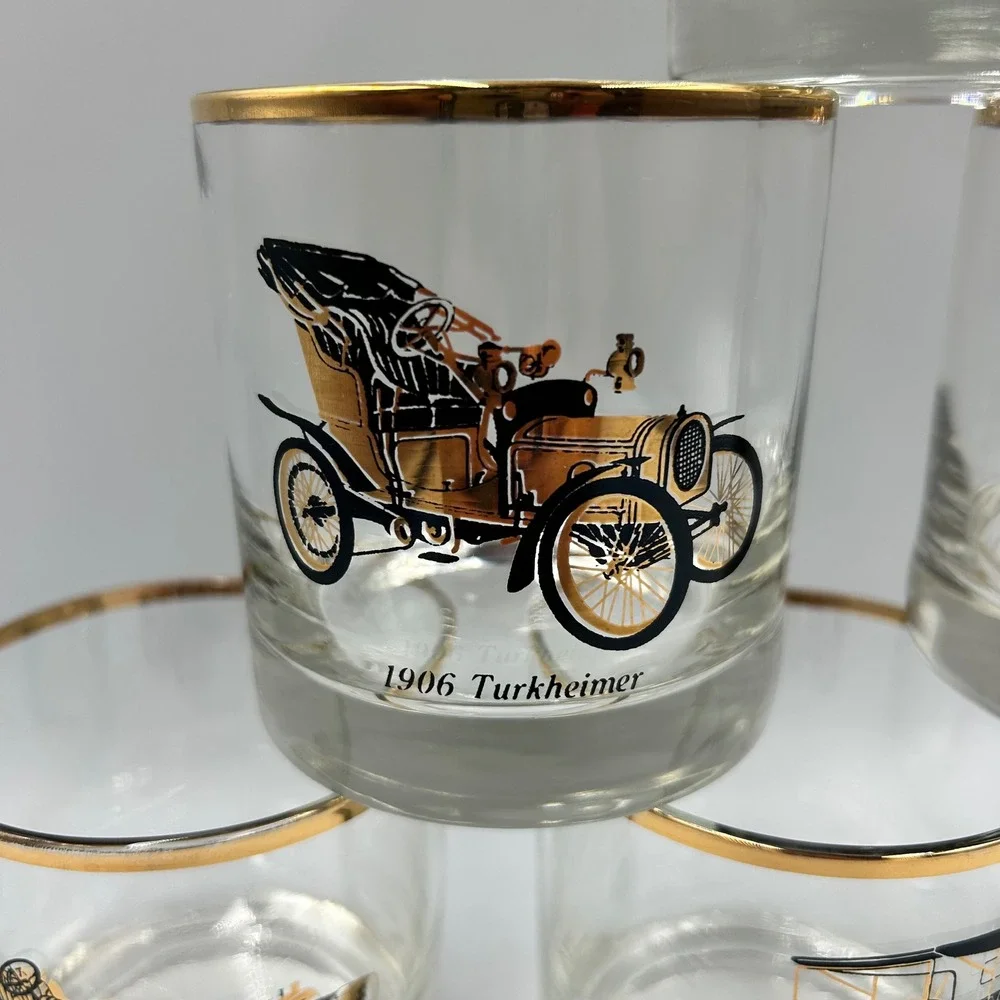 Whiskey Glasses Gold Clear Vintage Classic Cars Set 6 Good